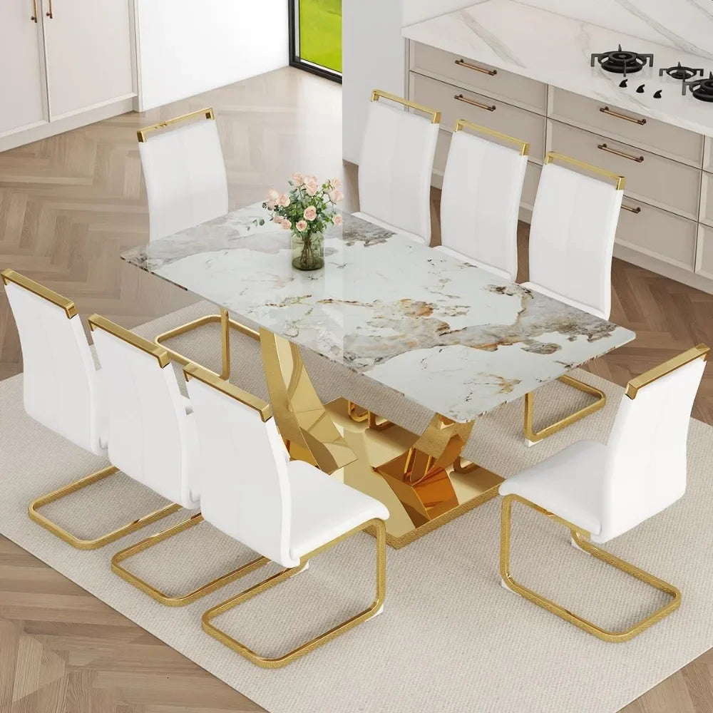 71” Dining Table Set for 8,Dining Room Table Set for 8, Gold Kitchen Table and 8 PU Leather Chairs,Tempered Glass Tables Set