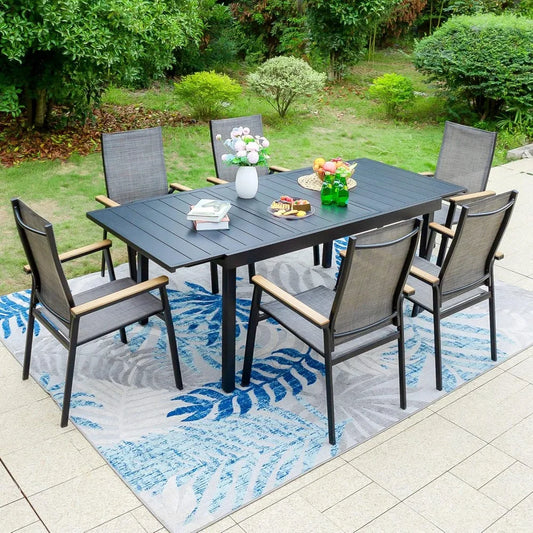 7 PCS Patio Dining Set ,with 6Aluminum Sling Chair Wooden Armrestand Expandable Table,Outdoor Patio Dining Table and Chairs Set