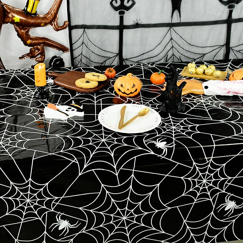 Halloween Party Black White Spider Web Disposable Tablecloth Dining Table Cover Happy Helloween Birthday Party Decorations