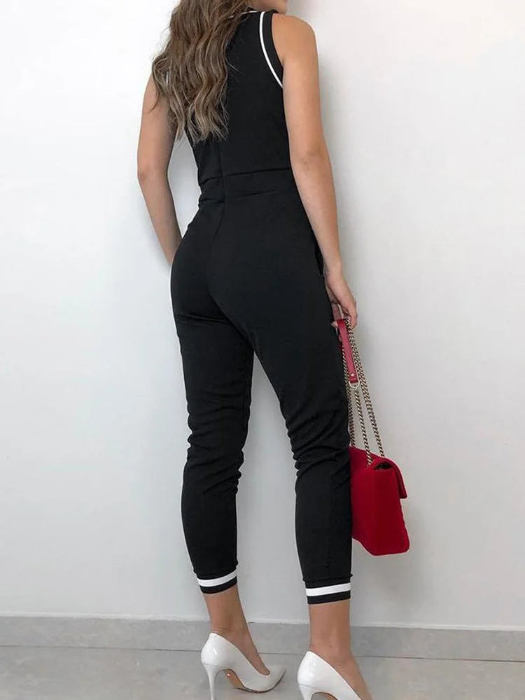 Kontrast Bindung Krawatte Taille Casual Jumpsuit Frauen Strampler Ärmellos Sommer Einteiler Overall