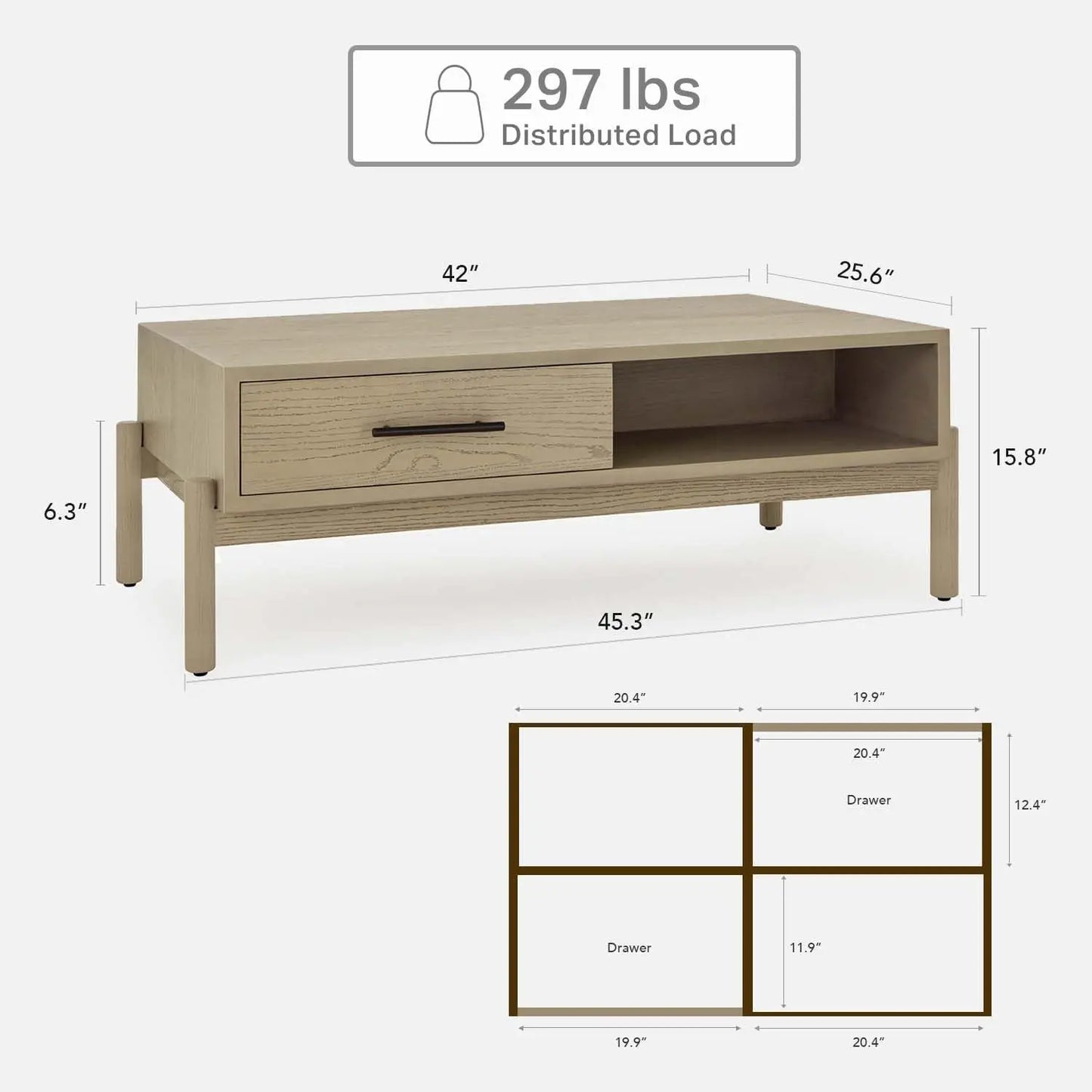 Solid Wood Rectangle Coffee Table for Living Room - Mid Century Modern Center Table with Storage - Easy Assembly