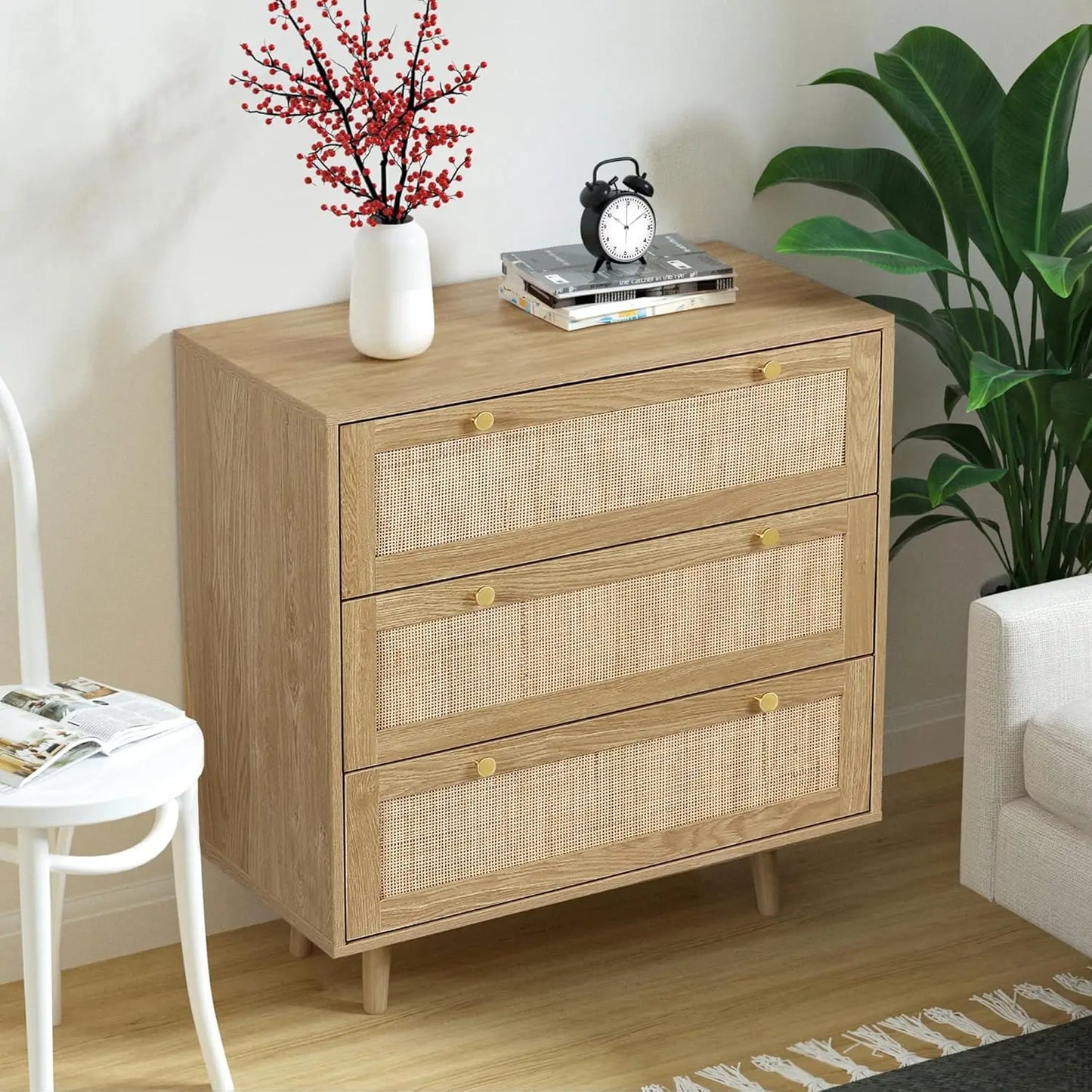 3 Drawer Dresser for Bedroom, Rattan Dresser Modern Wood Chest of Drawers with Spacious Storage for Bedroom Hallway Living Room,