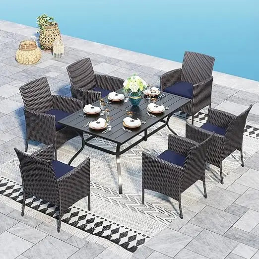 7 Pieces Patio Dining Set,All Weather Dining Set for 6, Patio Table and Chairs Set, Rectangular Outdoor Table and Rattan Chairs