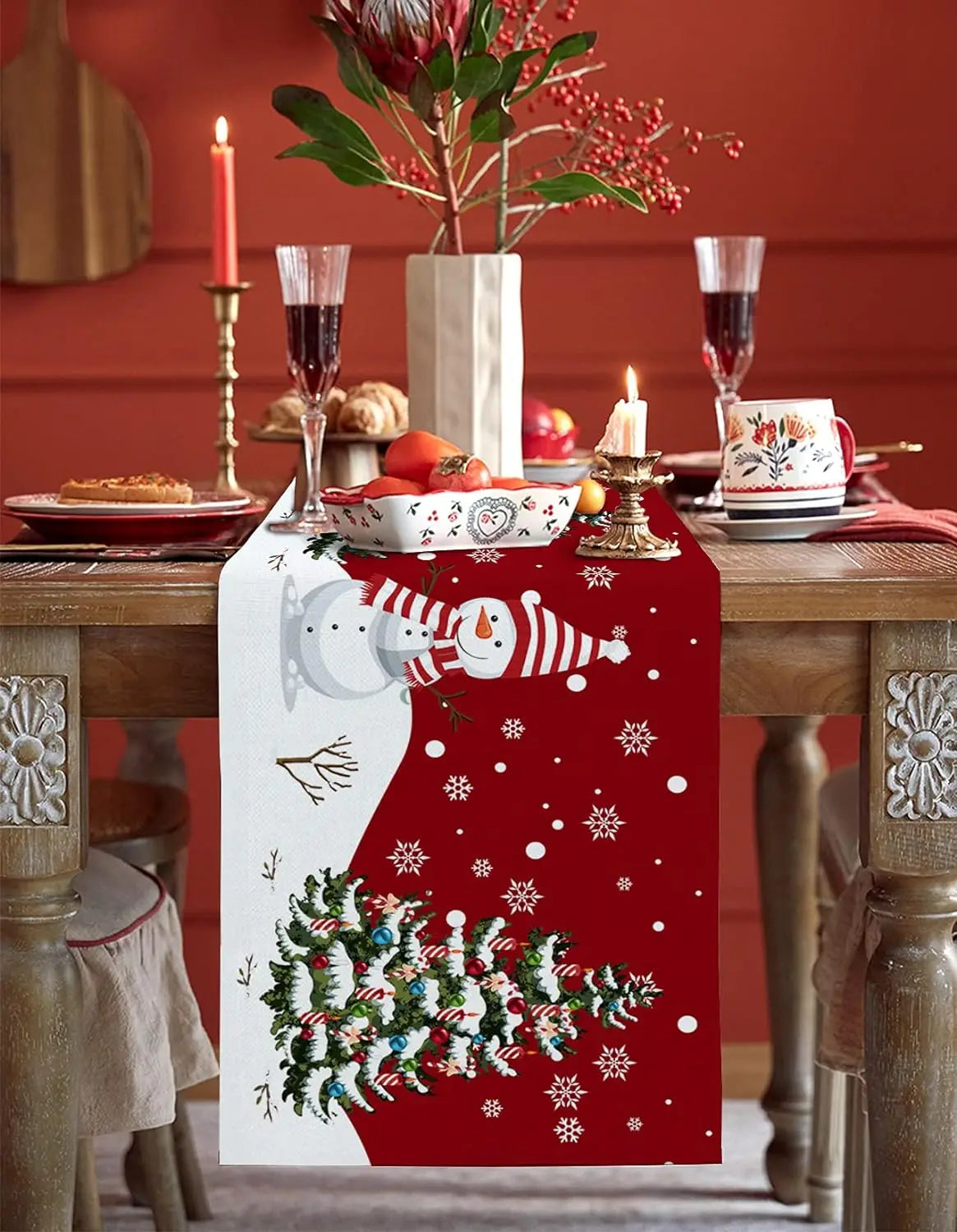 Christmas Snowman Snowflake Red Linen Table Runners Seasonal Winter Dresser Scarf Decor Holiday Wedding Party Dining Table Deor