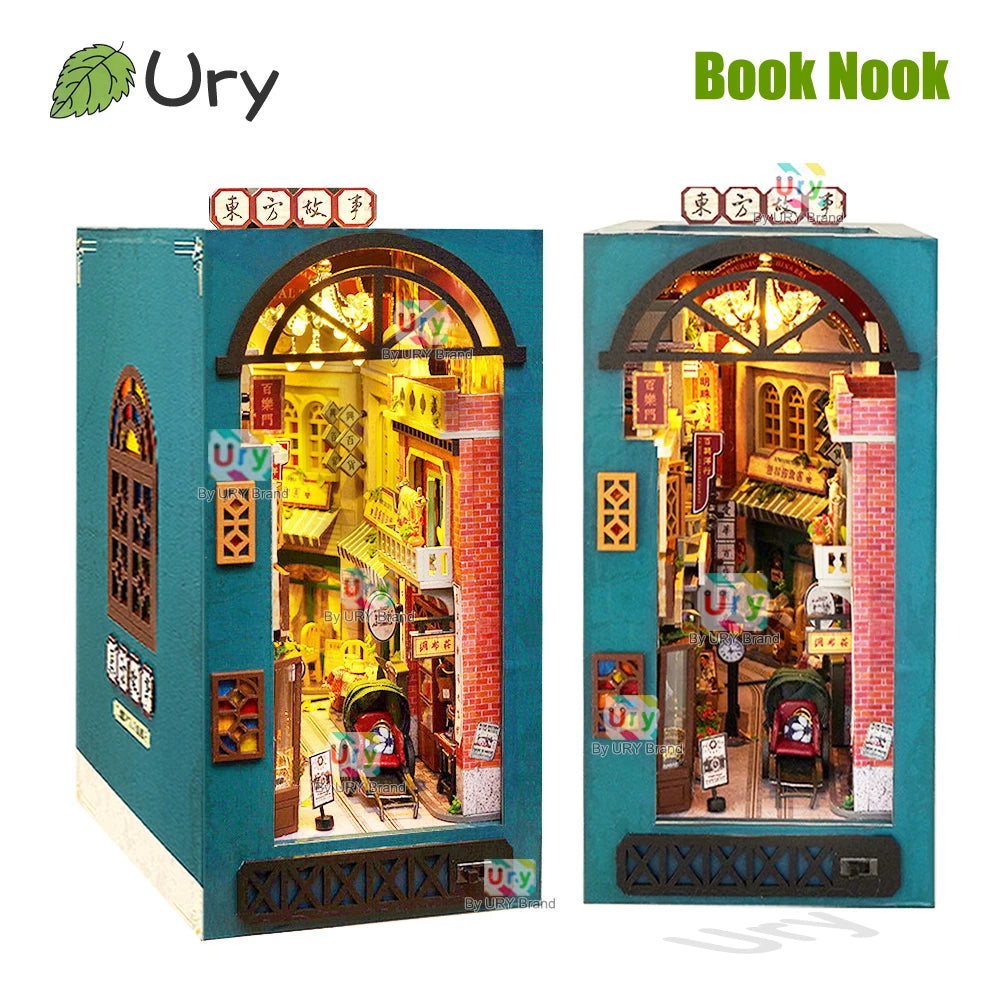 Ury 3D Wooden Puzzle Light LED Retro Shanghai Street Book Nook Shelf Kit Miniature Fairy Tale Town Bookshelf Toy Girl Xmas Gift