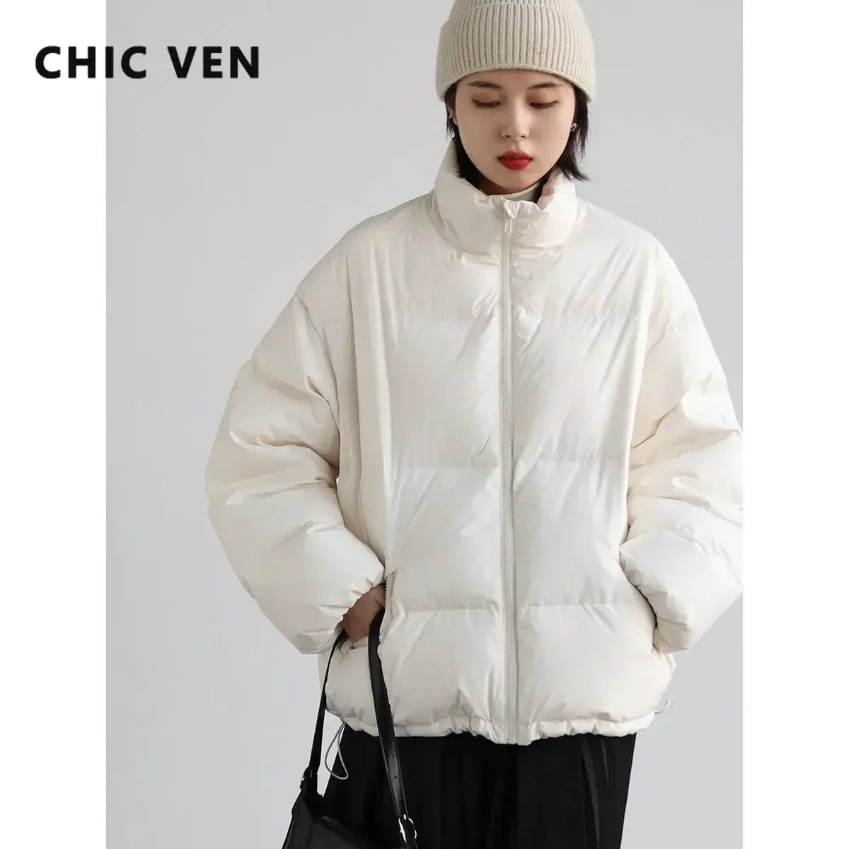 CHIC VEN Fashion Women's Bread Down Jacket Short 90 White Duck Down Thick Warm Down Coat for Woman 2024 Winter Loose Overcoat