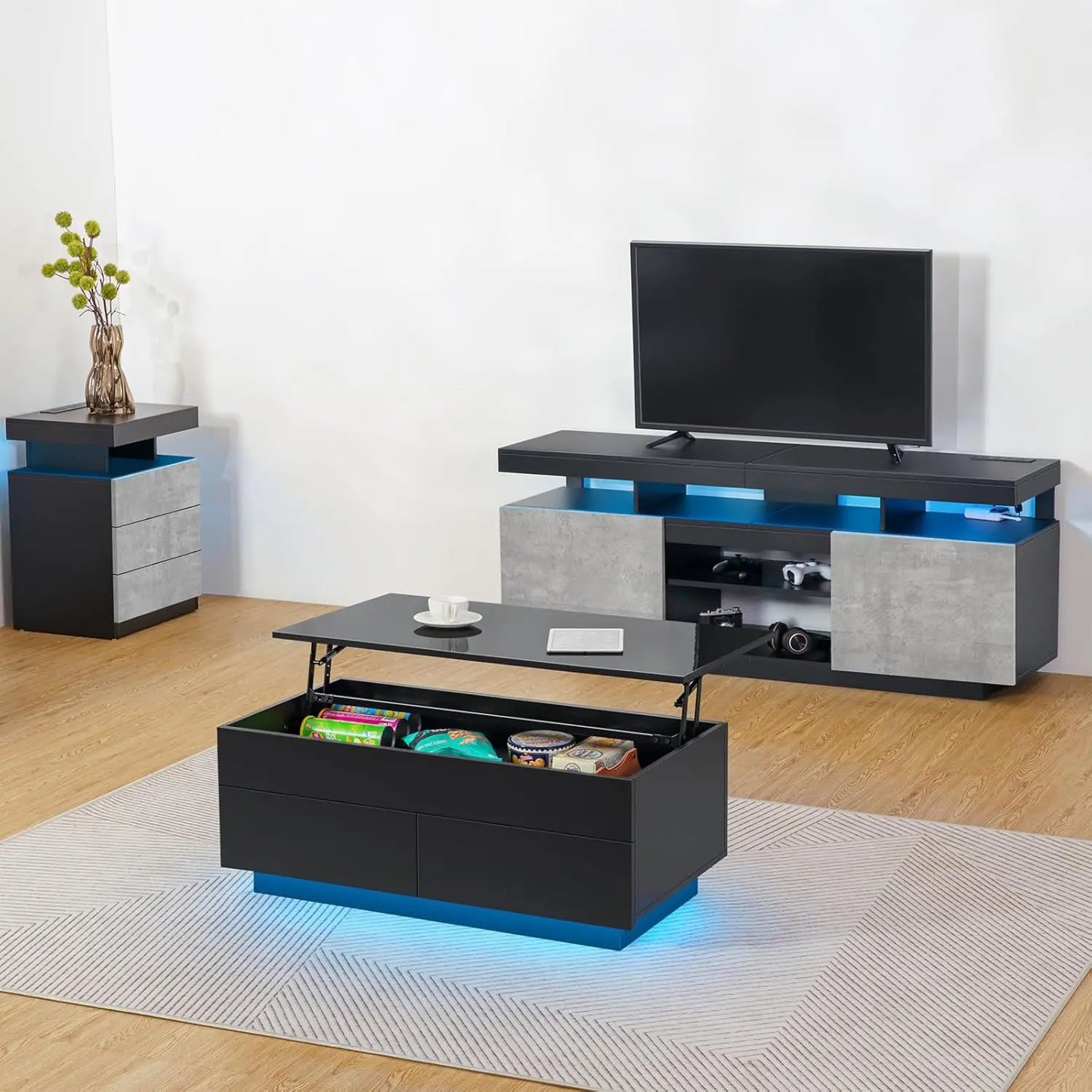 LED Lift Top Coffee Table and TV Stand Set of 2,Modern LED Entertainment Center with Power Outlets for up to 70" TV