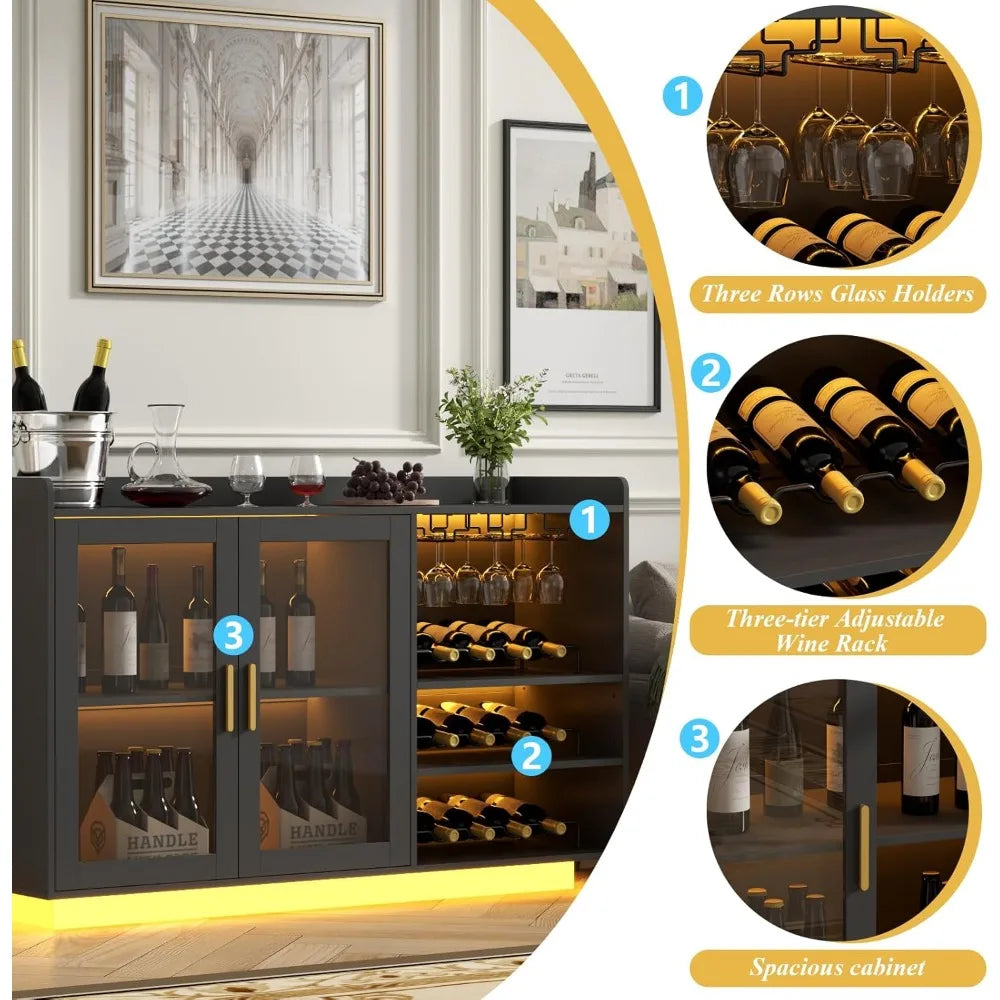 Wine Bar Cabinet with LED Lights, with Glass Rack and Removable Wine Racks, Modern Buffet Sideboard with Storage Shelves