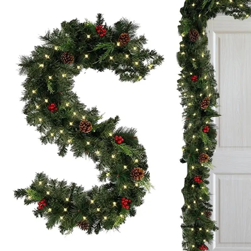 1.8M DIY Christmas Garland Outdoor Artificial Pine Garland Thick Battery Powered 2 Lighting Modes Christmas Red Berry Garland