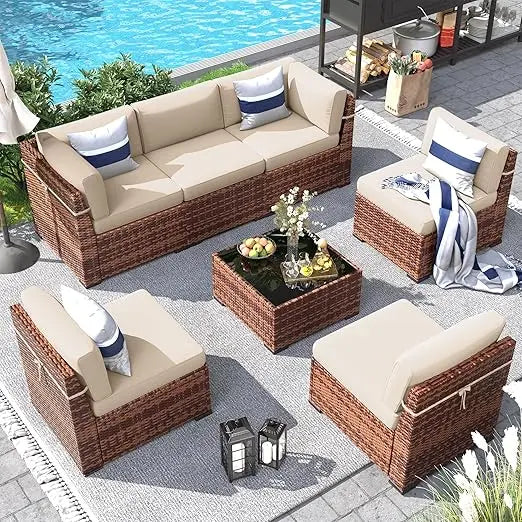 Patio Furniture Set, Sectional Sofa, for All Weather Rattan Patio Couch for Porch Garden Backyard ,7 Pieces Outdoor Sofa Sets