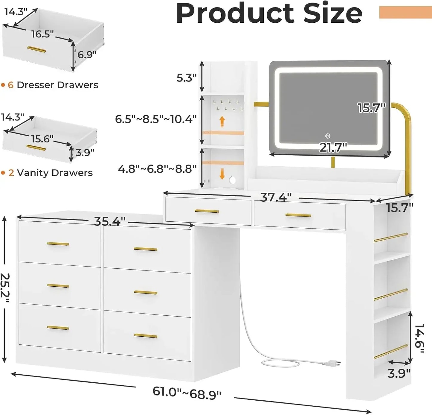 Hasuit Vanity Desk with Mirror and Lights, White Makeup Dressing Vanity Table with Charging Station, 8 Drawers, 3 Tiers Tabletop