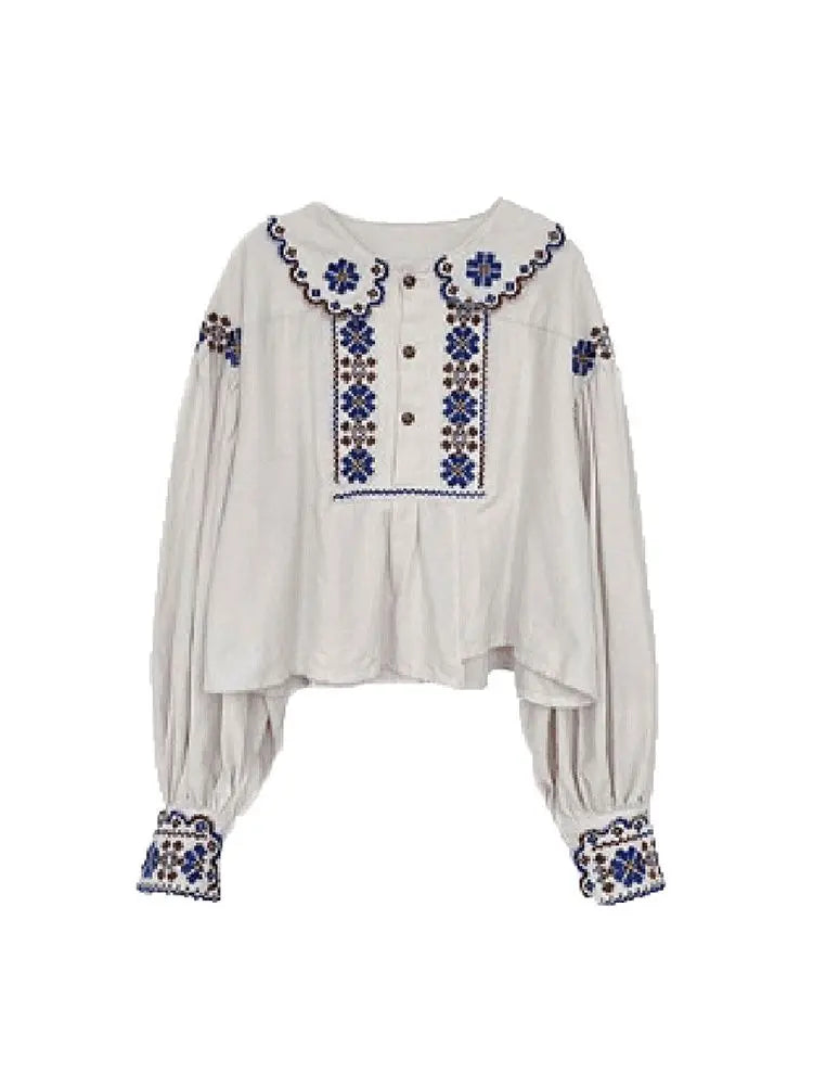 Women's Blouse Vintage Harajuku Oversized Shirt Long Sleeve Top Embroidery Elegant Female Blouse Chic Retro Clothes Autumn