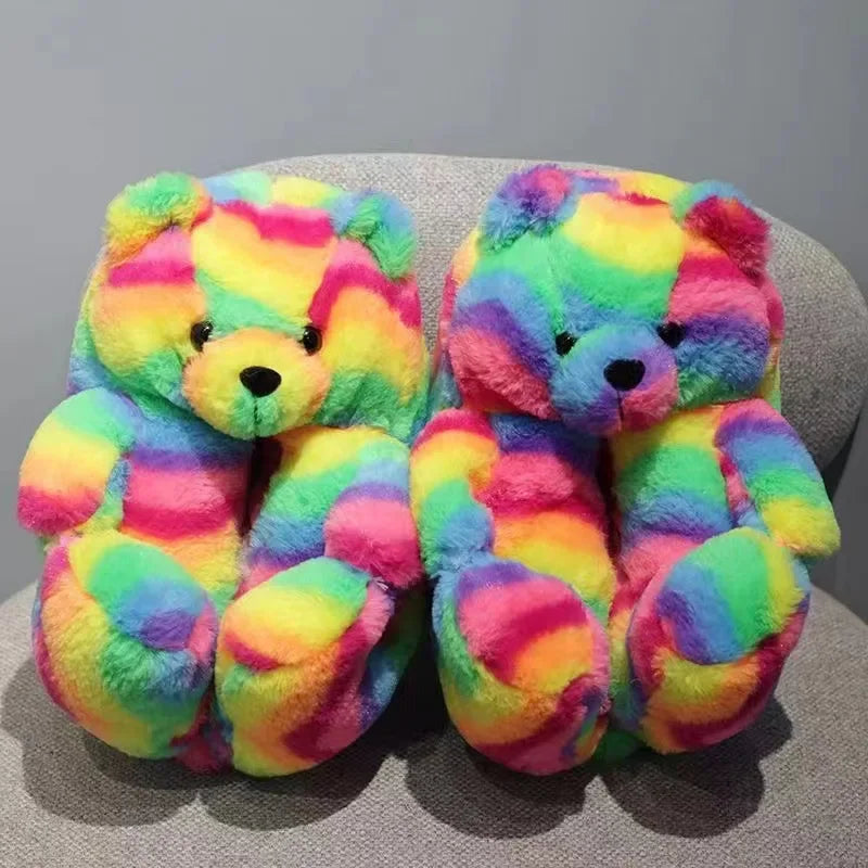 Cartoon Bear Cotton Slippers Warm Cute Teddy Bear Slippers Oversize Indoor Home Winter Plush Cotton Shoes