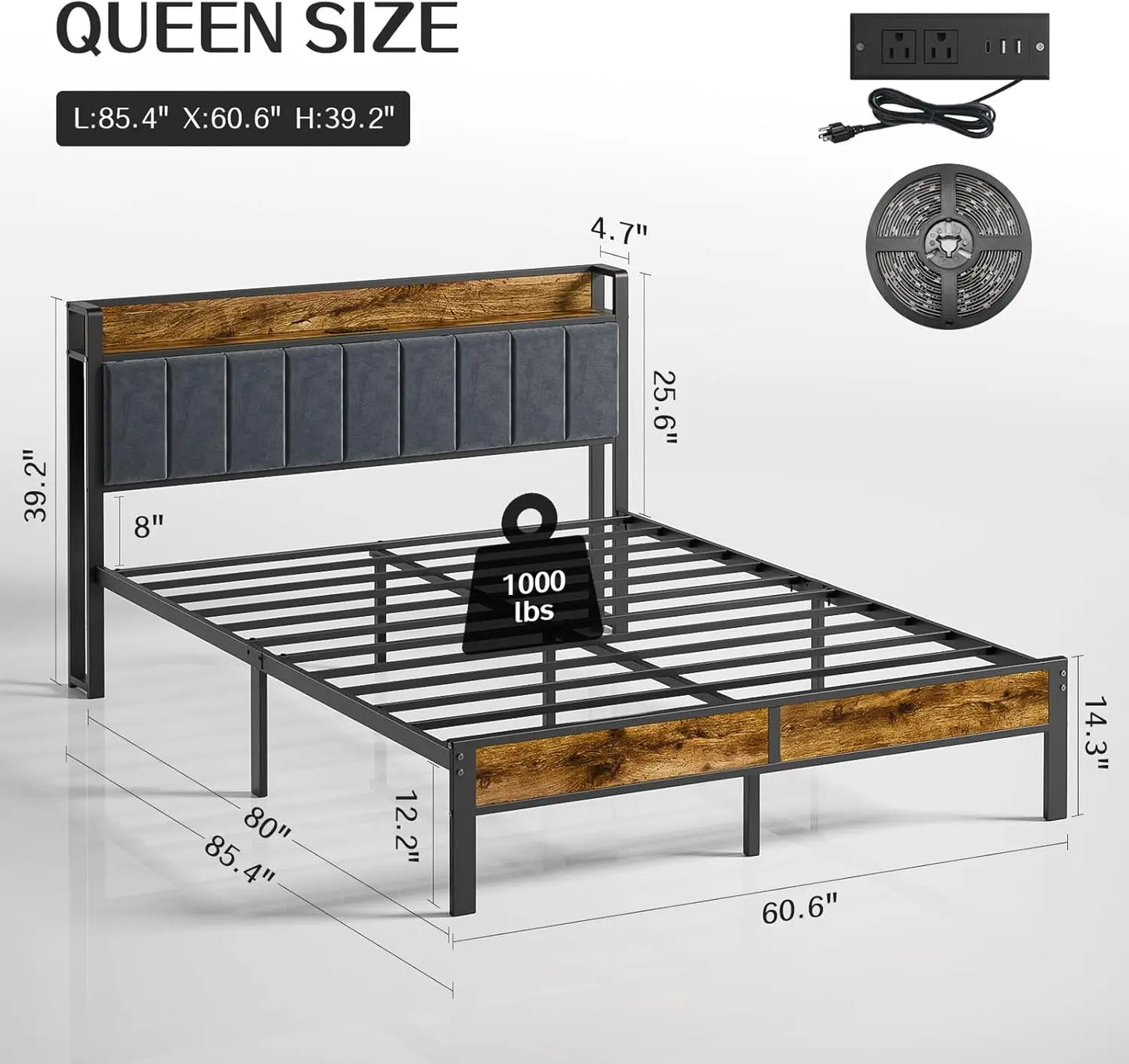 Queen Bed Frame with Headboard, Metal Platform Bed with Smart LED Lights and USB Charging Station, Easy Assembly, No Box Spring