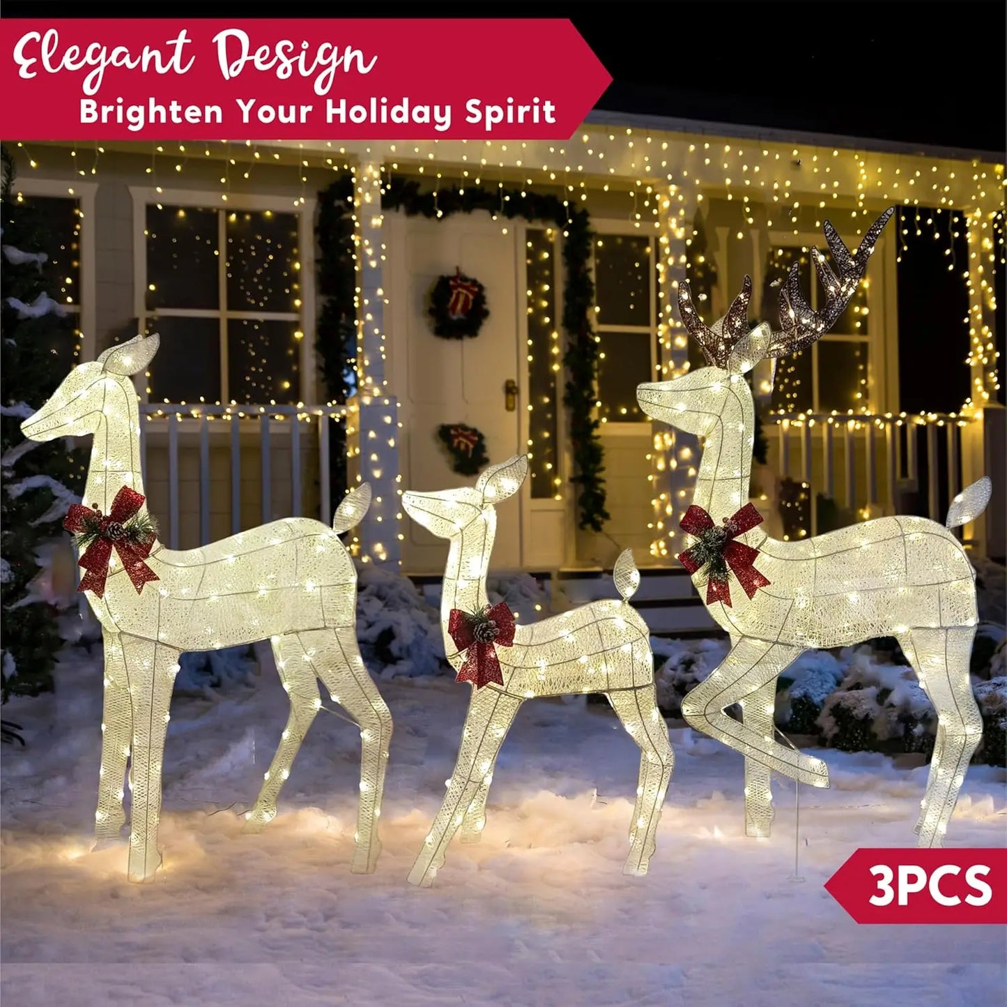 3 Packs Christmas Decoration Deer Family, 360 LED Lighted Reindeers Yard Lights, Christmas Outdoor Decorations for Yard Garden