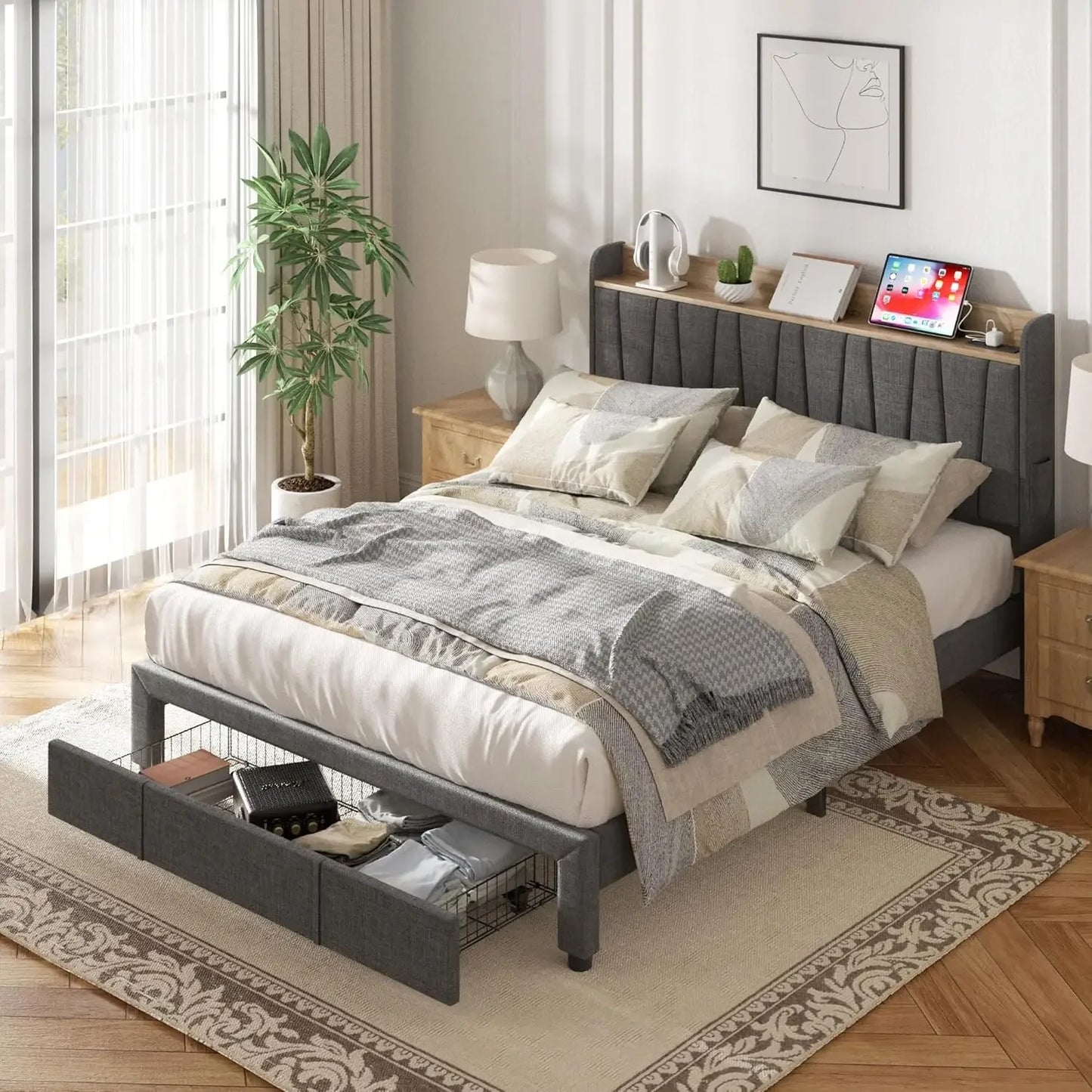 King Size Bed Frame,Upholstered Platform Bed with Storage Drawers No Box Spring Needed Headboard and Charging Station bedstead