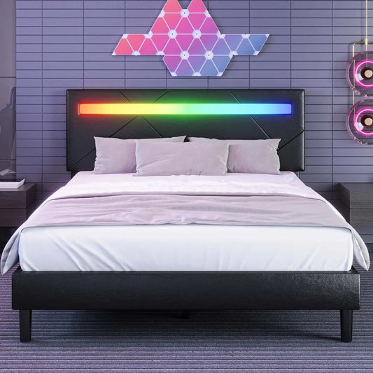 Bed Frame with LED Lights(Smart APP Control), Upholstered Modern Platform Bed Frame, No Box Spring Needed, Bed Bases