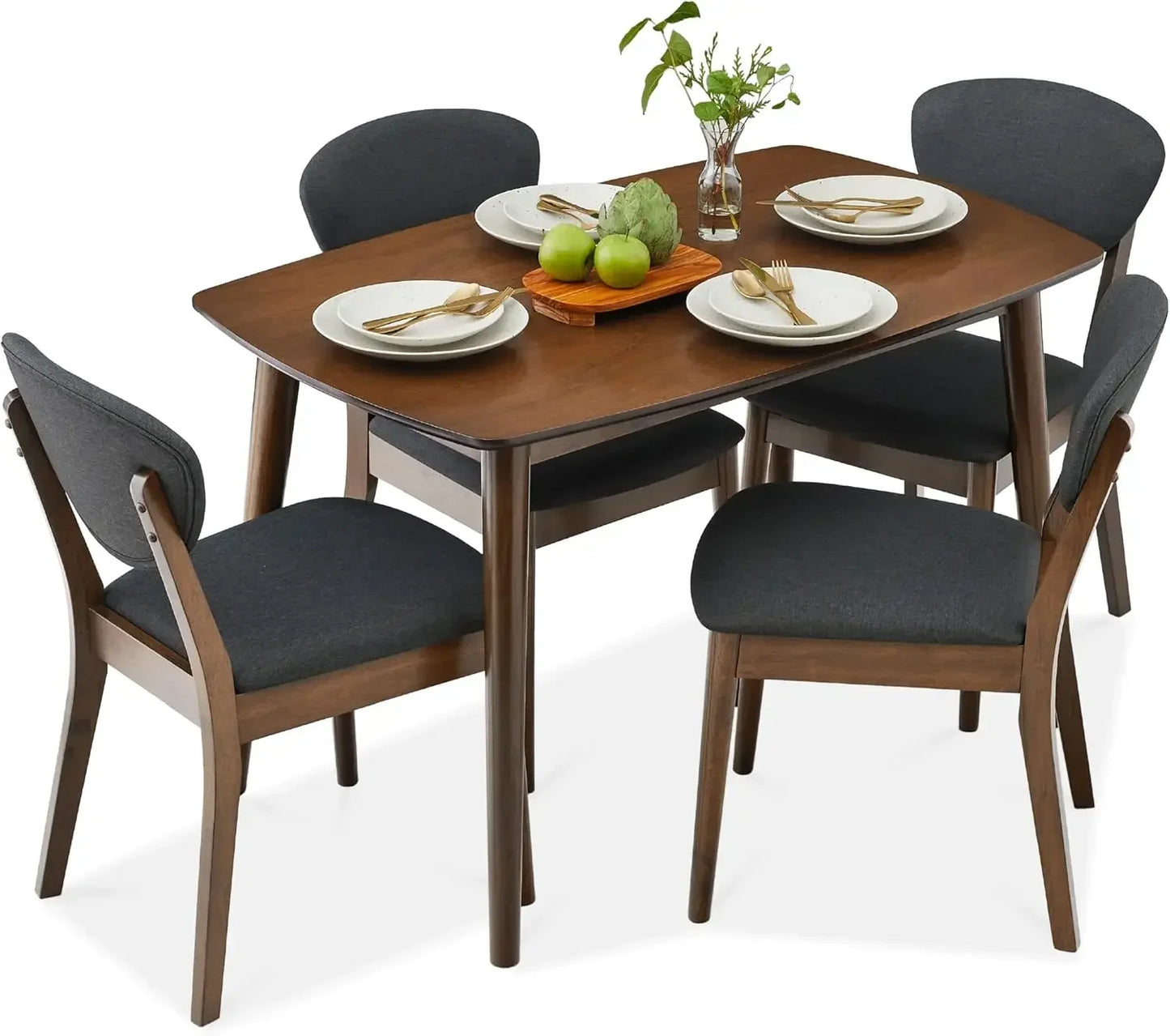 5-Piece Dining Set, Compact Mid-Century Modern Table & Chair Set for Home, Apartment w/ 4 Chairs, Padded Seats & Backrests