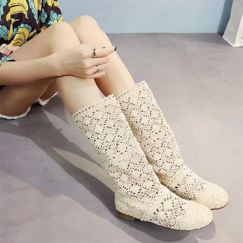 Women's spring high boots wool hollow boots fashion luxury brand summer white lace boots ladies hollow flat casual shoes