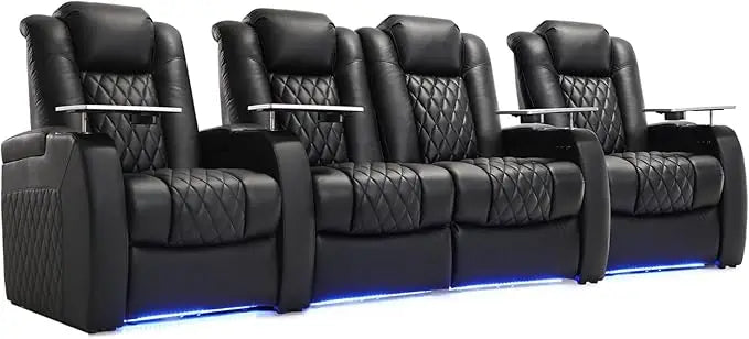 Top Grain Leather Recliner Chair Dual Power Gaming Sofa Electric Headrest with Tray Table Type-C USB Charge Cup Holders Black