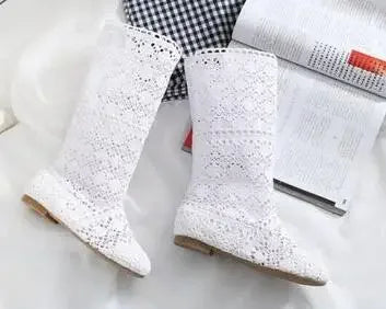 Women's spring high boots wool hollow boots fashion luxury brand summer white lace boots ladies hollow flat casual shoes