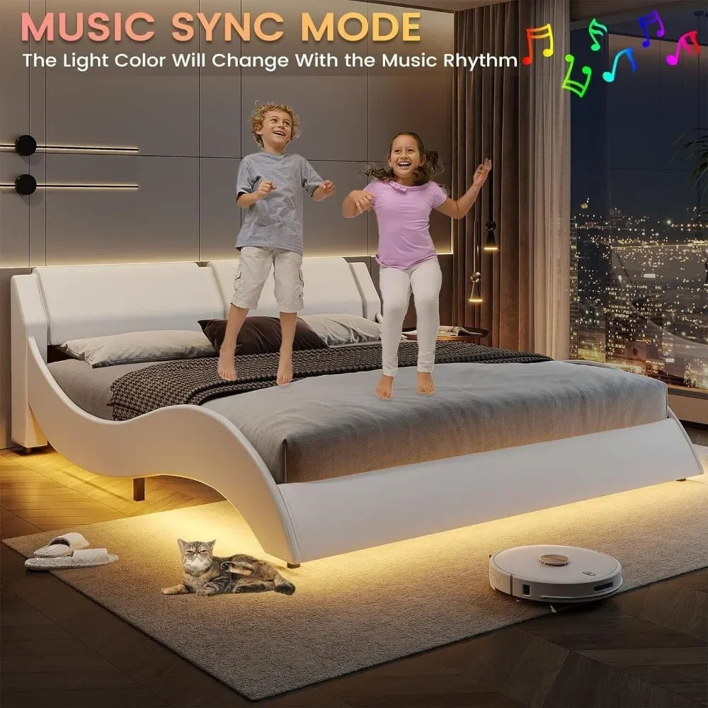 New Modern White Queen Size Bed Frame Upholstered Platform Faux Leather Full Storage Solid Wooden LED Lights with Headboard