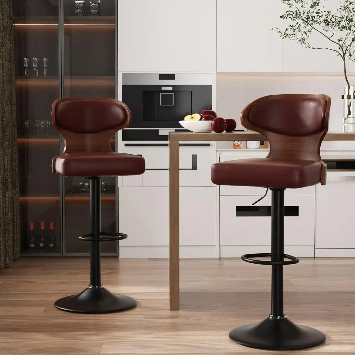 Bar Stools Set of 2, Adjustable Height 24.5-33.5IN - Bentwood Swivel Barstools with Back & Footrest,Black Bar Chairs