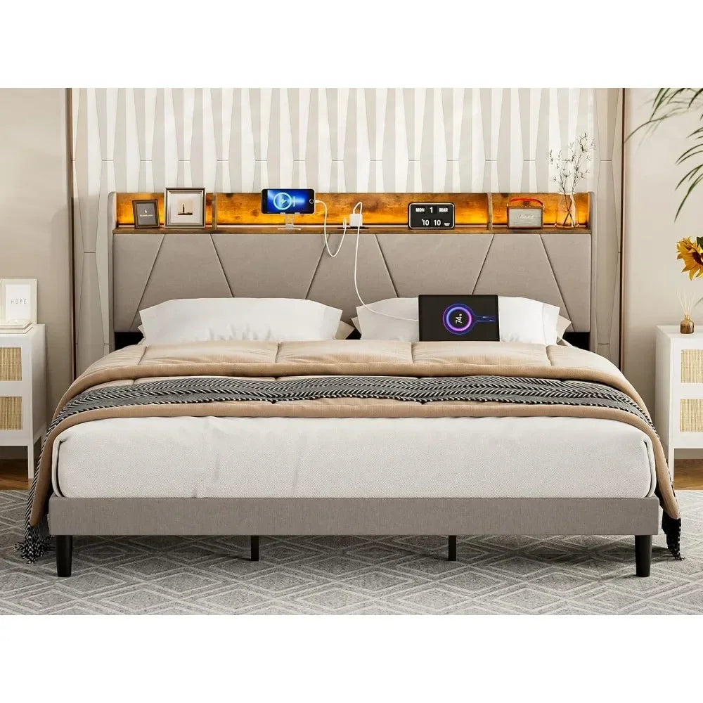 California King Bed Frames with Charging Station & Storage Shelf Headboard with USB Ports Upholstered Cal King LED Bed Frame