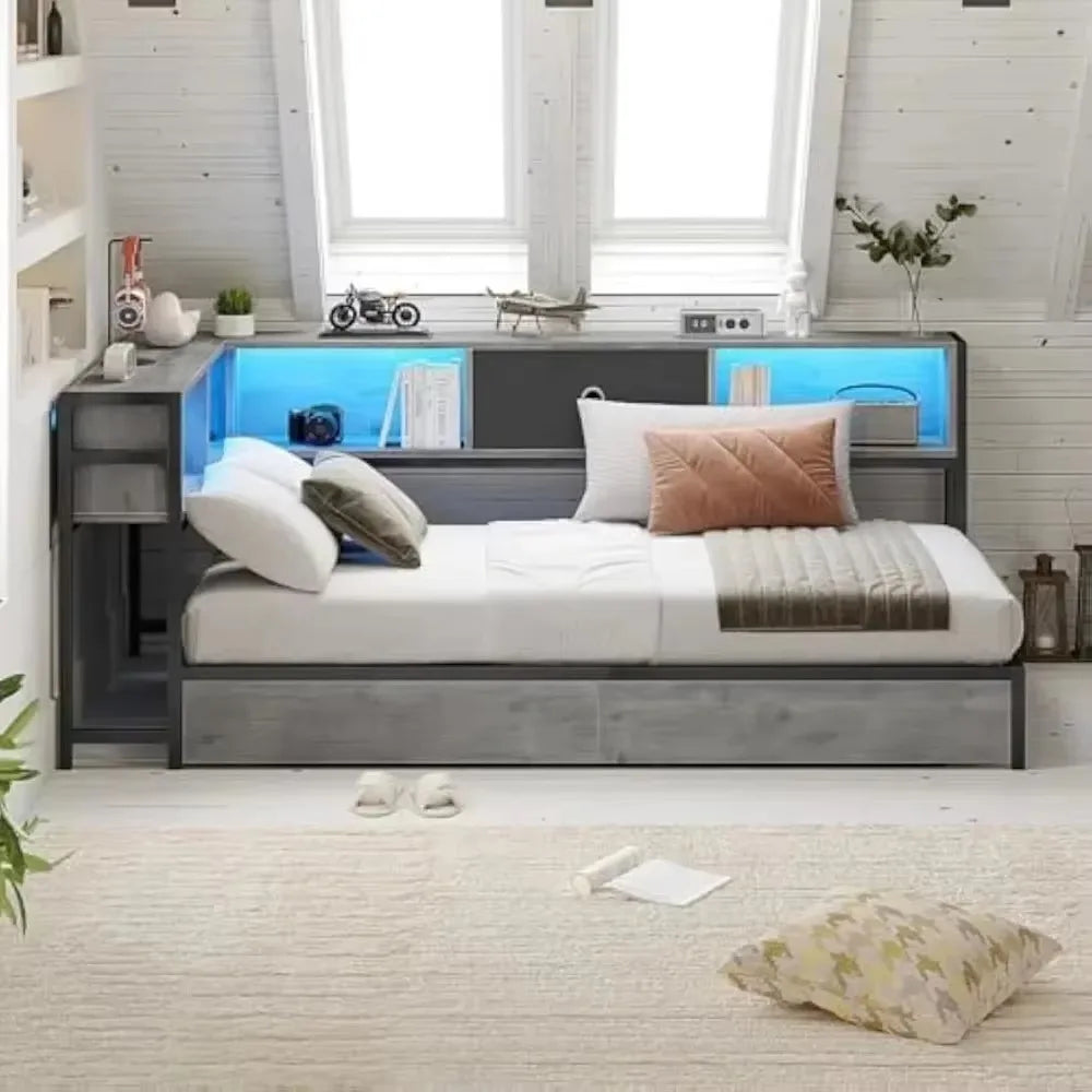 Corner Bed Frame Twin Size with Bookcase and 2 Underbed Storage Drawers, Modern Twin Bed with LED Light and Charging Station