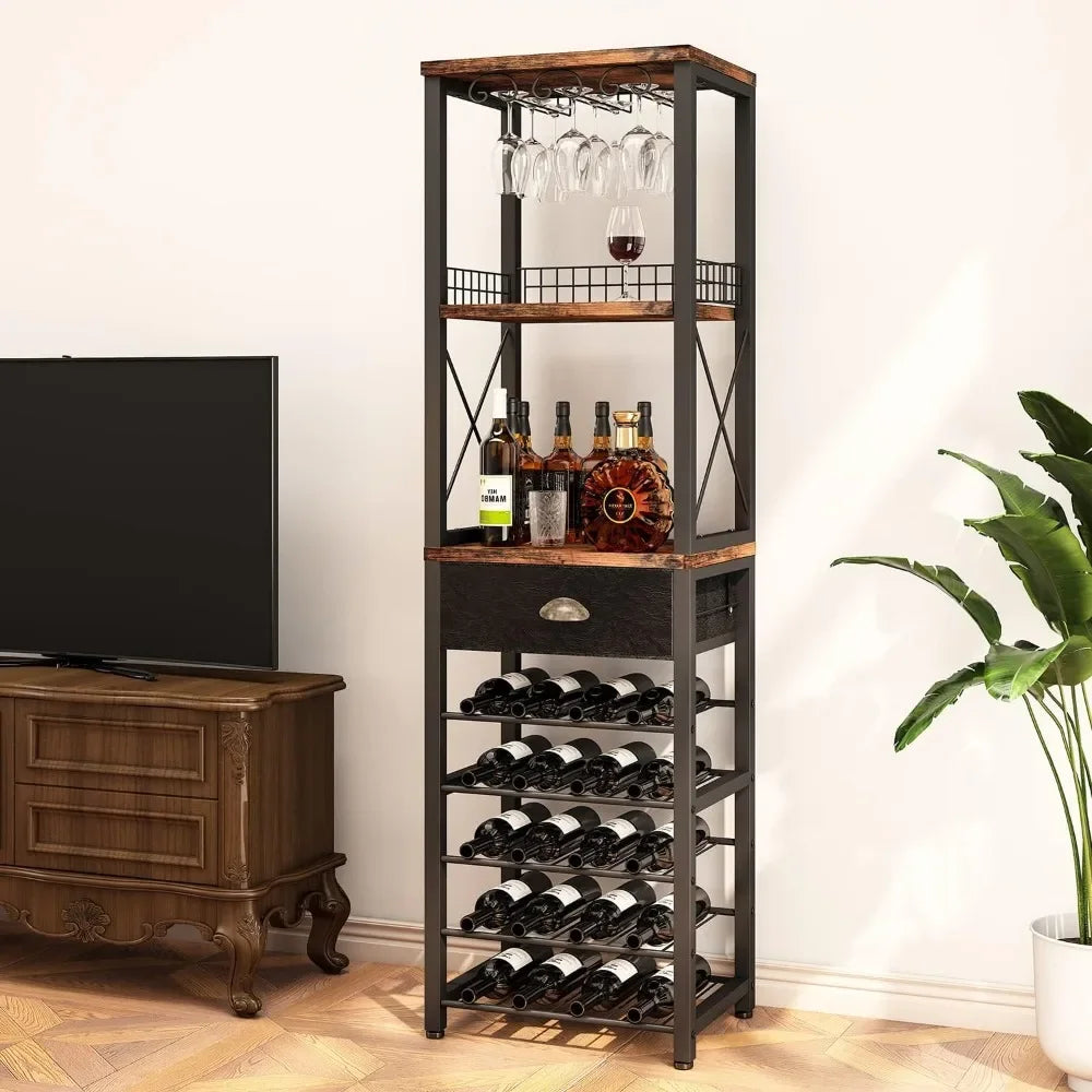 Wine Rack Freestanding Floor, Bar Cabinet for Liquor and Glasses, 4-Tier bar Cabinet with Tabletop, Glass Holder, Wine Storage