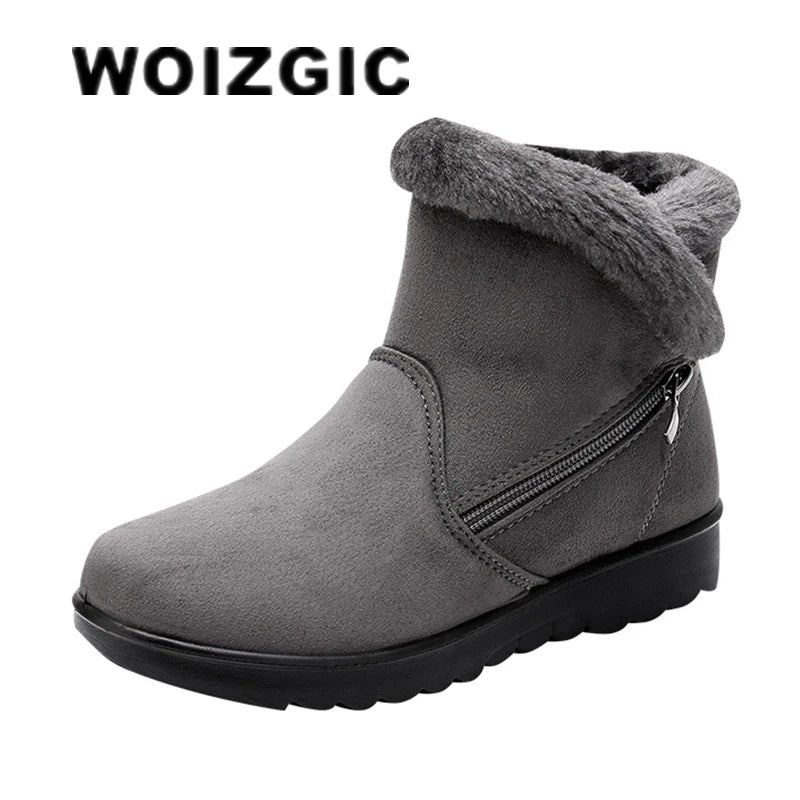 WOIZGIC Women Female Ladies Old Mother Snow Shoes Boots Platform Woollen Cloth Zipper Winter Plush Warm round toe