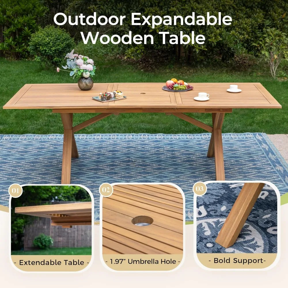 Acacia Wood Outdoor Dining Set, Expandable Dining Table(1.97" Umbrella Hole) and 6 Wooden Chairs, 7Pieces Patio Dining Table Set