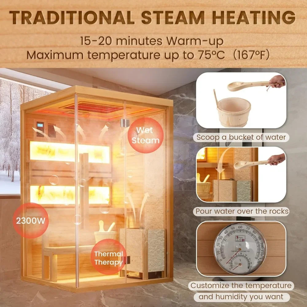 Steam Sauna,with 2300W Stove Heater,with 2 Himalayan Salt Bricks,7-Color Dynamic Abysm Sky Lights 2-4 Person Luxurious Sauna