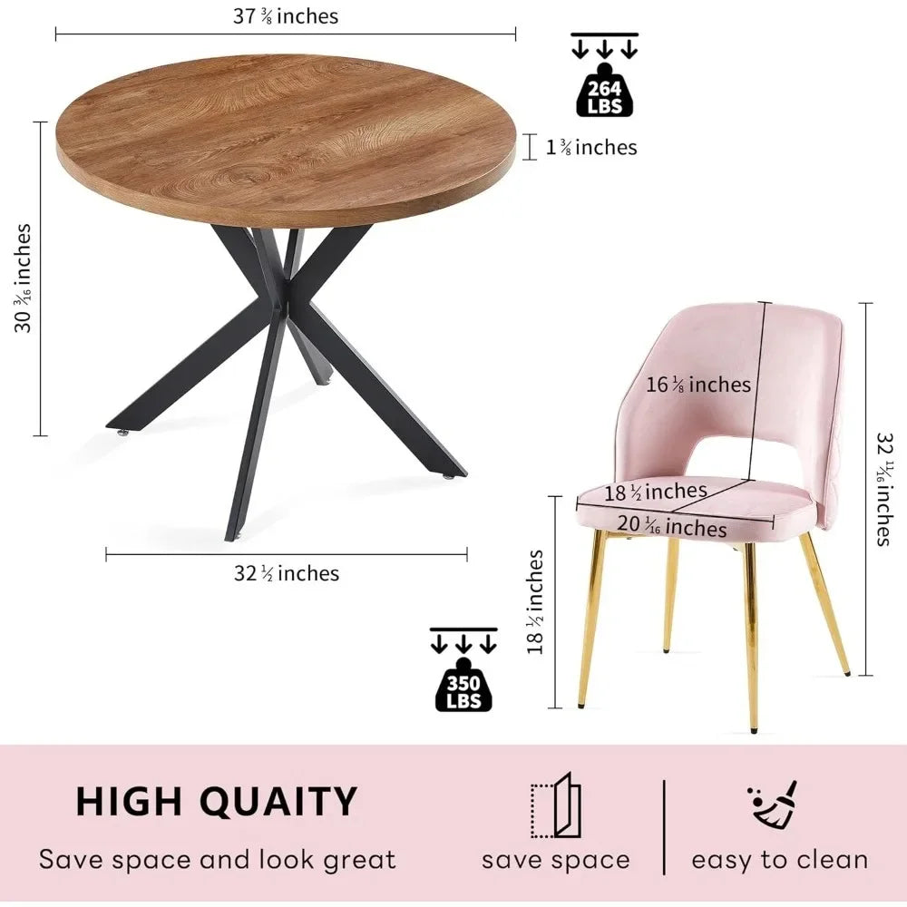 Round Table Set for 4, Engineering Wood Table with Thick Tabletop, Luxury Home Kitchen Dining Chair， Backrest Upholstered Velvet