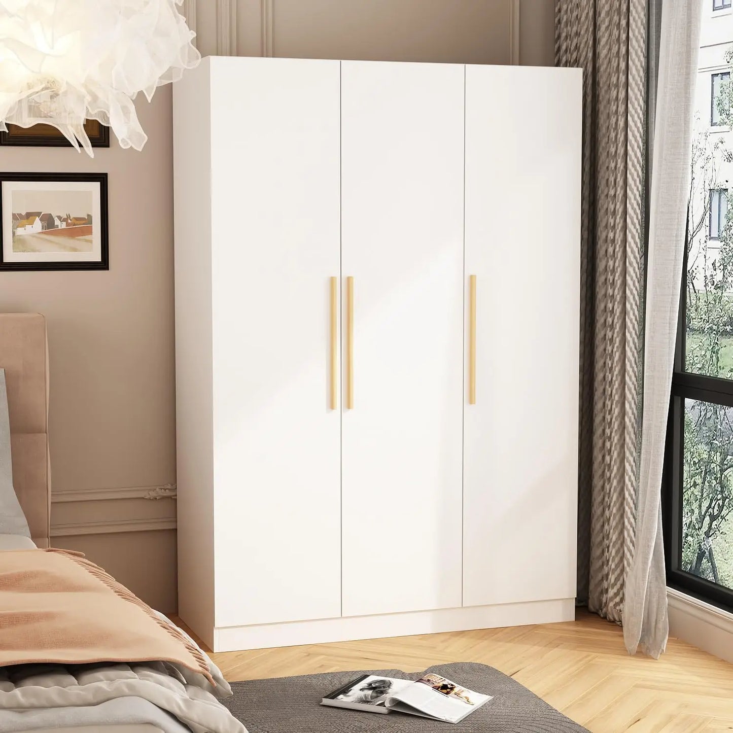 Wardrobe Armoire with 4 Louvered Doors, Wardrobe Closet for Bedroom with Hanging Rod & 5 Drawers, Bedroom Armoire Free shipping