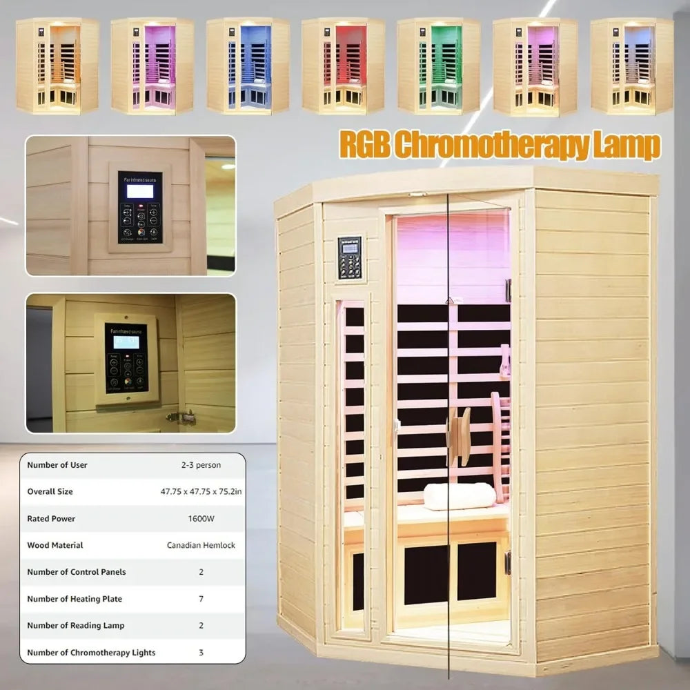 Sauna Room,Canadian Hemlock Indoor Corner Sauna Spa,7 Low EMF Heaters,2 LED Reading Lamp and 3 Chromotherapy Lights, 1600W