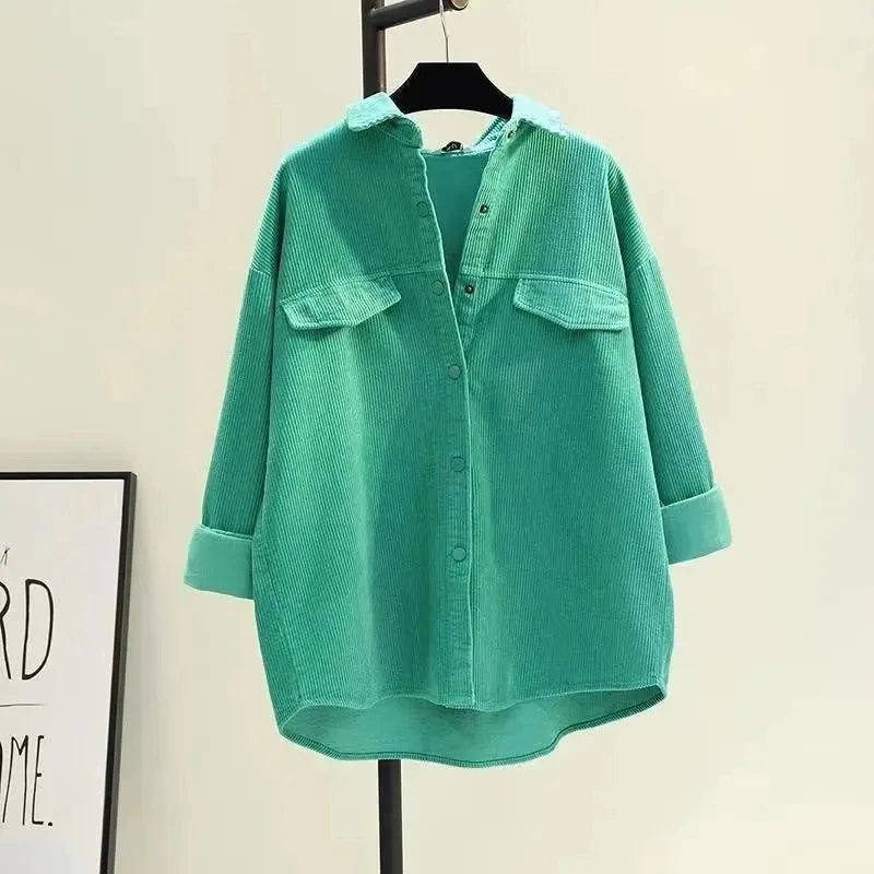 Avocado Green Mid-length Corduroy Shirt Women's 2023 Spring New Loose Everything Thickened Double Pocket Shirt Coat Cardigan X41