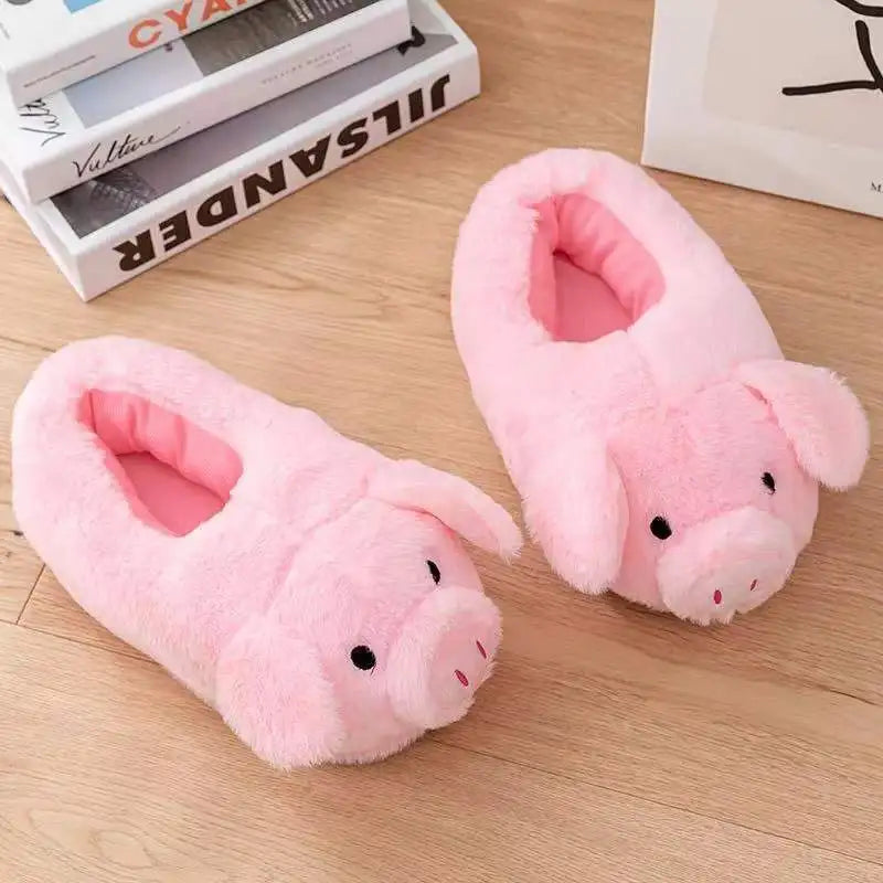 Cute Pig Winter New Women Slipper Heel Cover Warm Slippers Soft Fur Indoor Comfortable Fluffy Home Slides Girls Cartoon Footwear