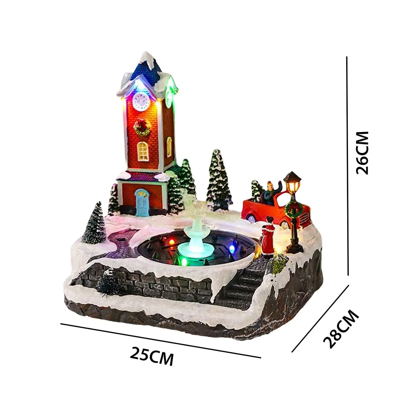 Christmas Church Winter Snow Scene Village House Music Fountain Collectible Buildings Statue for Indoor Festival Desktop Decor