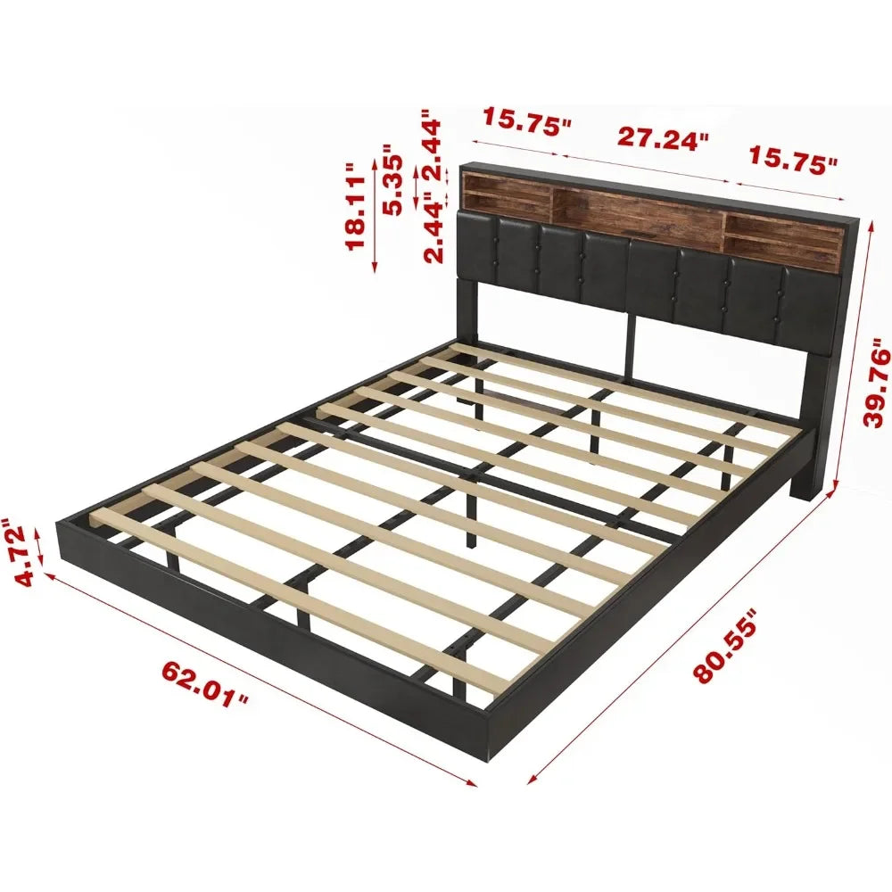 Queen Floating Bed Frame with Storage Headboard & LED Lights,Type-C & USB Charging Station,Upholstered Platform Queen Bed Frame