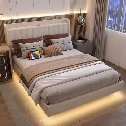 Full Size Upholstered Bed Frame,Type-C & USB Ports, LED Lights Floating Bed Frame with Wingback Storage Headboard