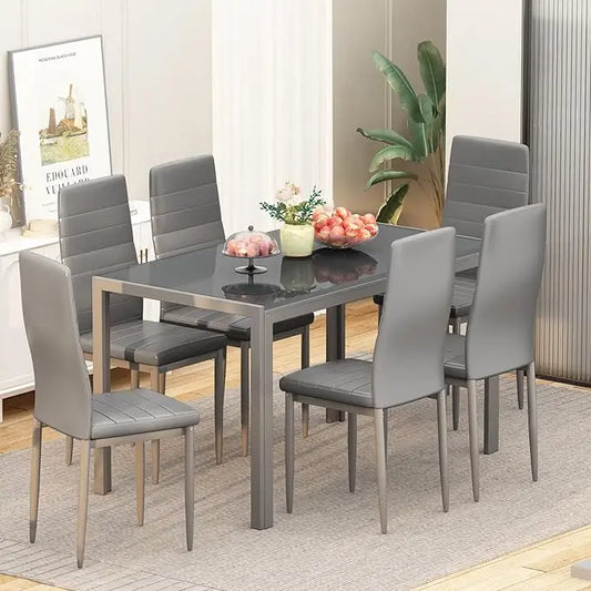 7 Piece Kitchen 6 Person, Tempered Glass Table and PU Leather Chairs Modern Dining Room Sets for Small Space,Dining Room Sets