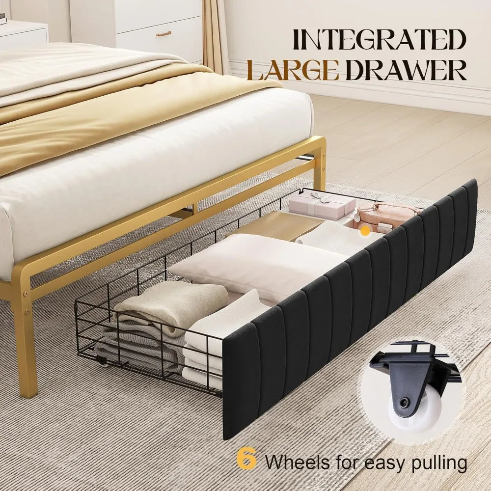 Bed Frame with Motion Activated Light, LED Platform Bed with Integrated Drawer and Storage Headboard Charging Station, Bed Bases