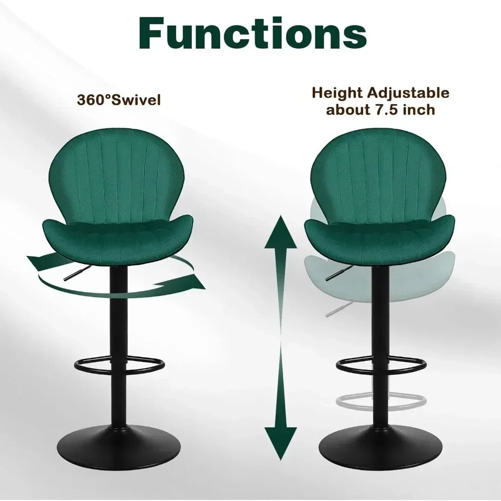 Bar Stools Set of 4, Velvet Height Adjustable Swivel Barstools, Armless Kitchen Island Counter Chairs with Back Footrest, Green