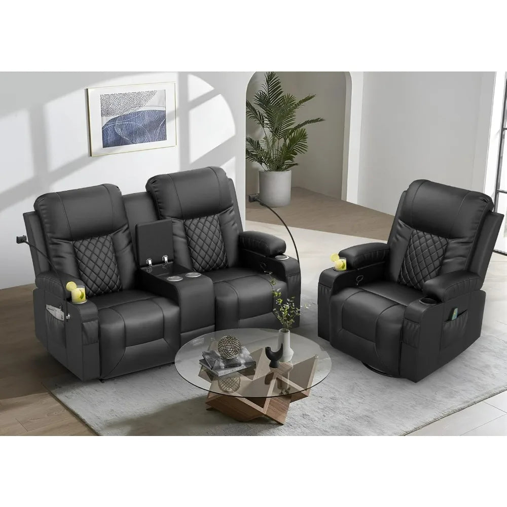 Living Room Furniture Set, Recliner2 Seate and 360° Swivel Recliner Chair with Massage,Luxur Reclining Sofa 2PC SetforLivingRoom