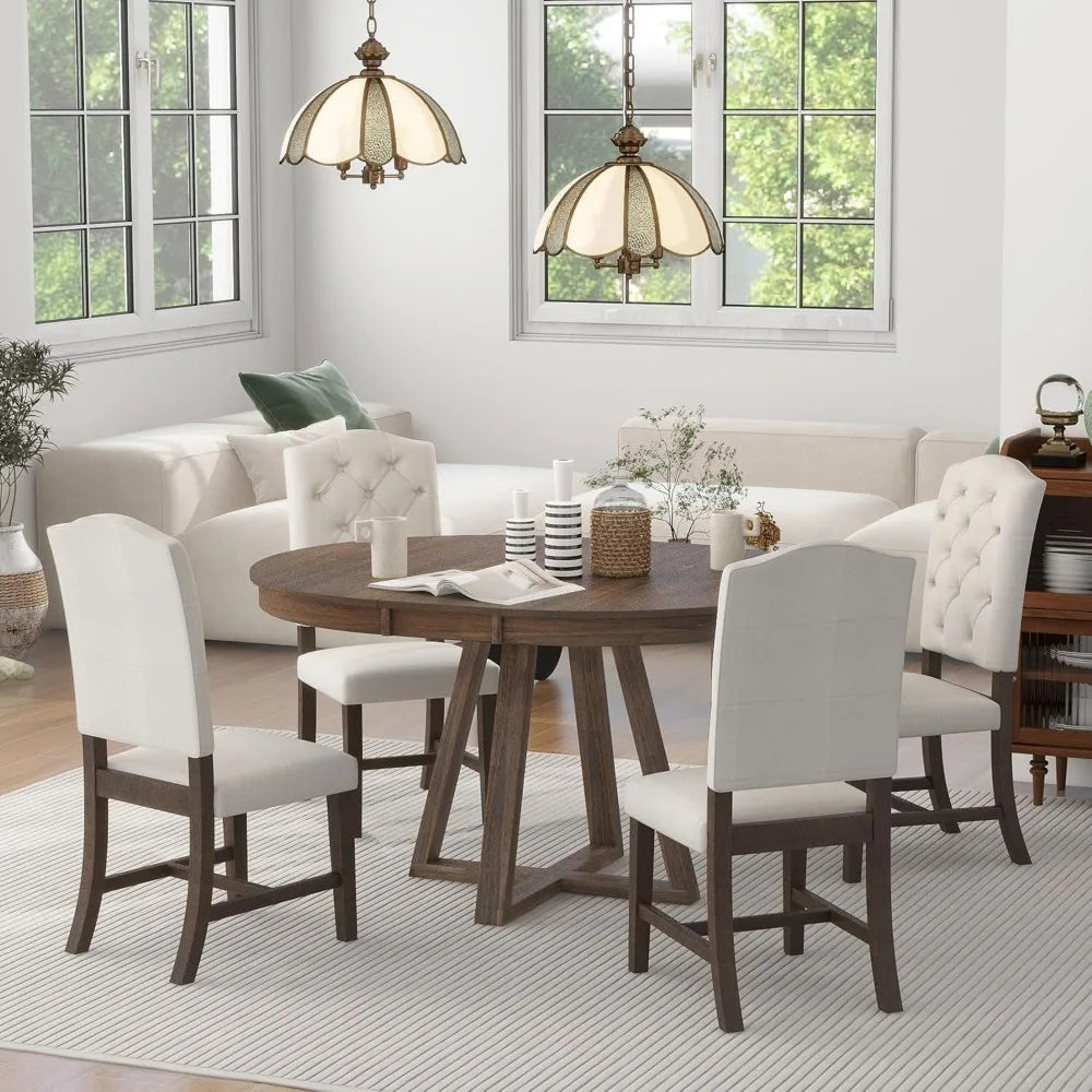 Wood Dining Furniture Set, 5 Piece Round Extendable Dinings Room Table Set with Upholstered Chairs, Dining Table and Chairs