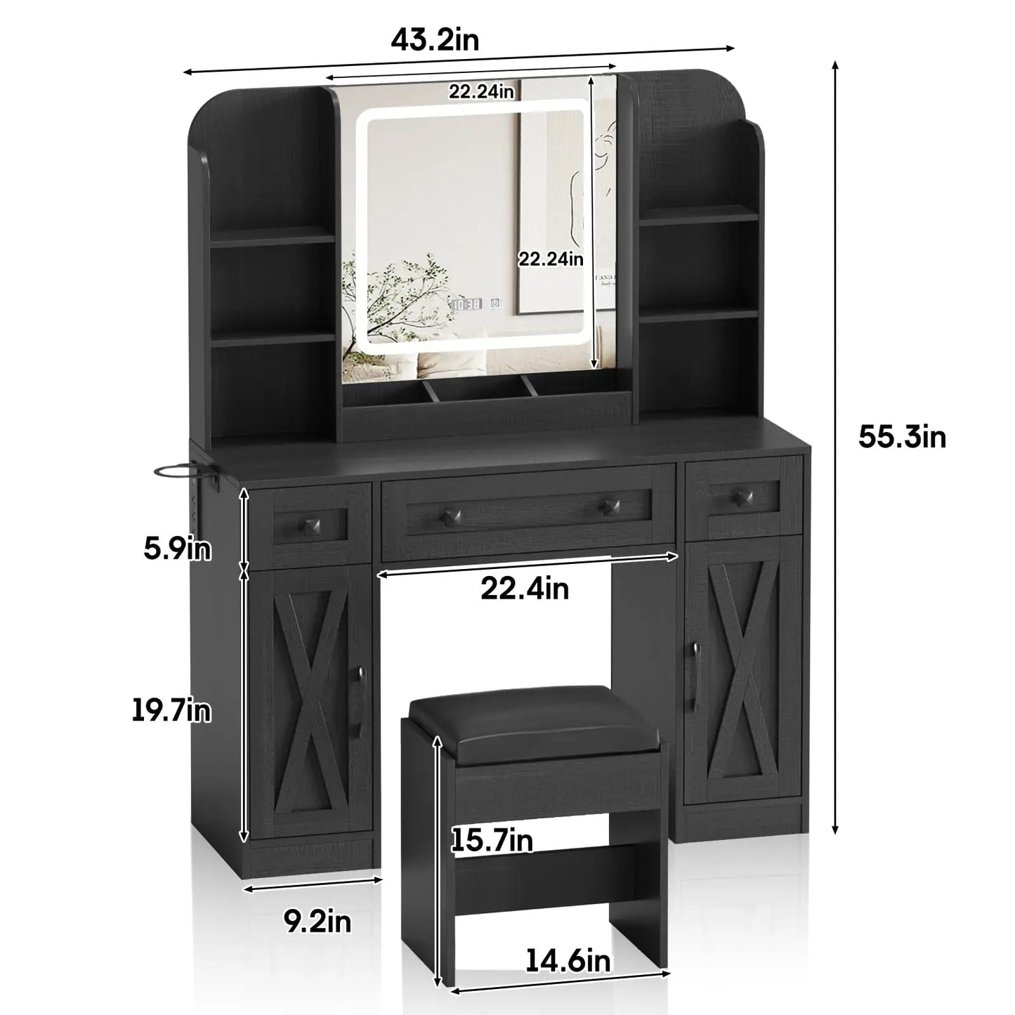 Vabches Vanity Desk with Lighted Time Display Mirror Makeup Table with Power Outlet 3 Drawers Large Vanity Set Bedroom Furniture