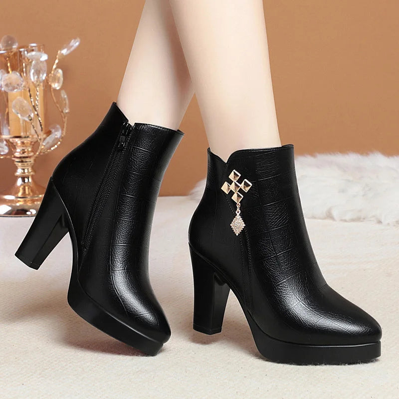 Women High Heels Soft Leather Ankle Boots Autumn Winter Platform Plush Boots Brand Fashion Point Toe Middle Heel Cotton Shoes