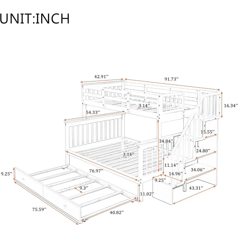 Twin Over Full Bunk Beds with Stairway and 3 Storage Drawers,Solid Wooden with Storage Stairway and Guard Rail for Bedroom, Dorm