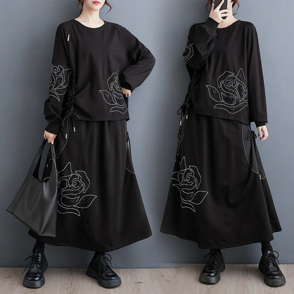 NYFS 2023 Autumn Winter New Vintage Womans Set Loose Plus Size Long Sleeve Flower Embroidery Tops + Skirt 2 Piece Set Women Suit